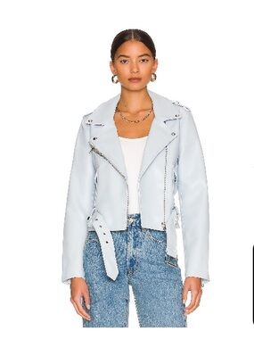 Blank NYC Vegan Leather Moto Jacket in Fairy Dust Blue